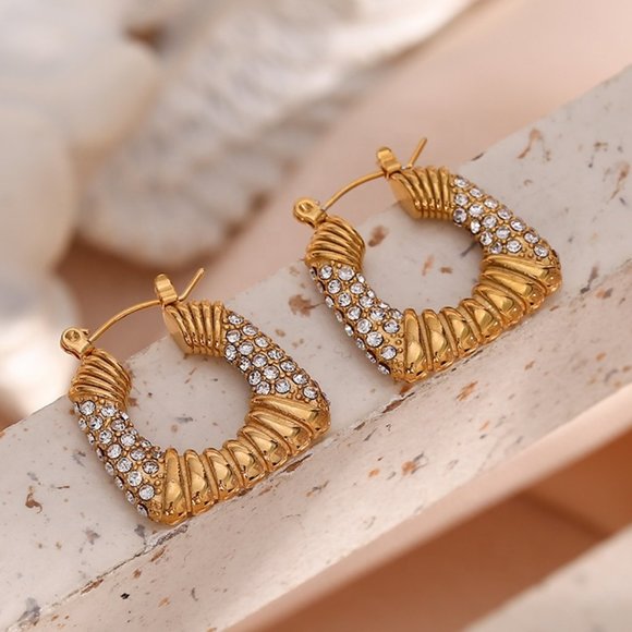 Zircon Chunky‎ Square 18K Gold Plated Hoop Earrings Stainless Steel - Picture 7 of 13